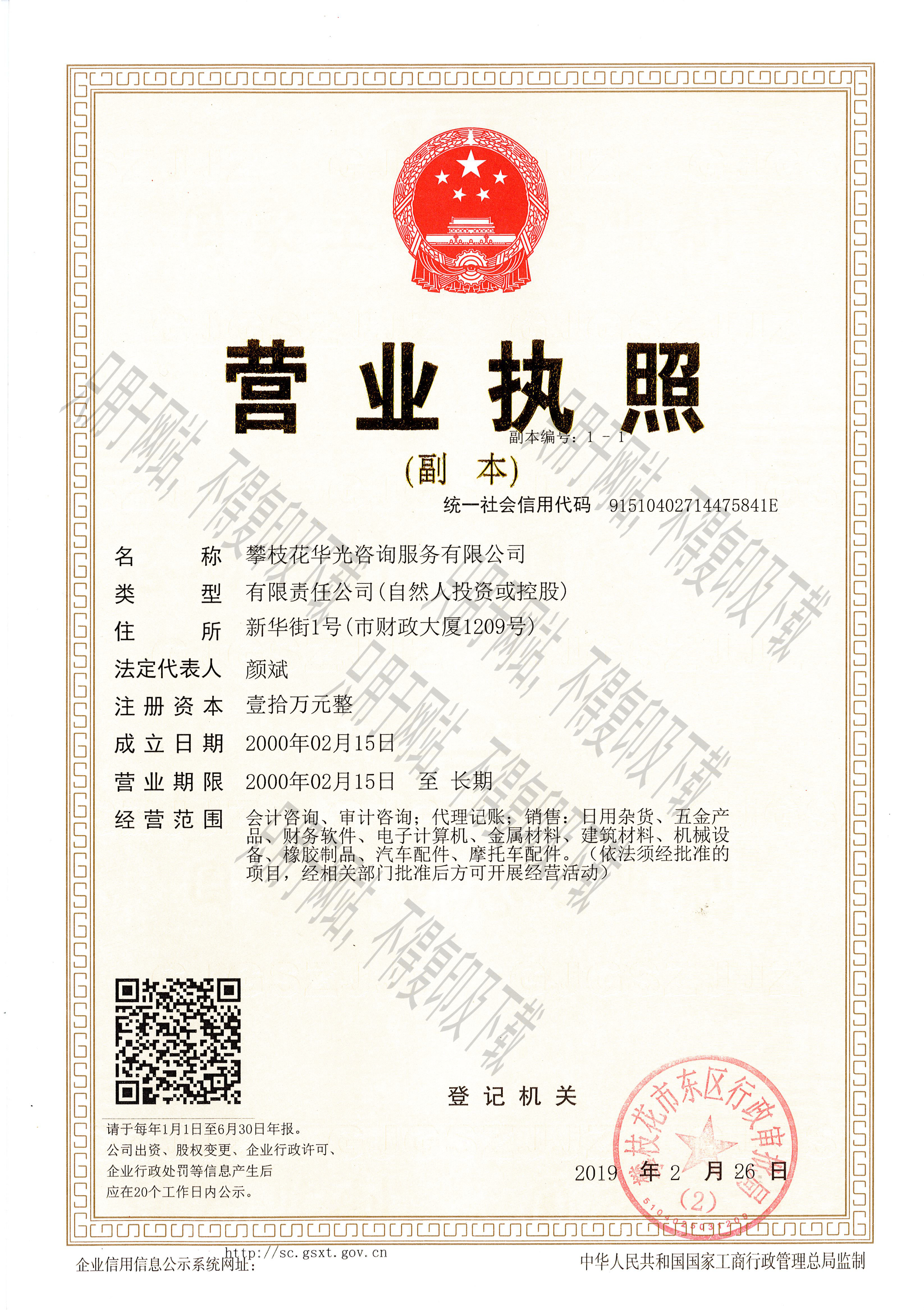 攀枝花华光咨询服务有限公司营业执照